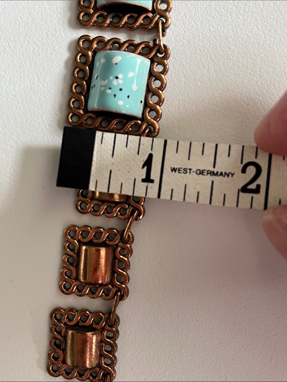 Vintage Mid-Century Copper Enamel Necklace Turquoise Speckled Squares 1950s - Picture 10 of 12